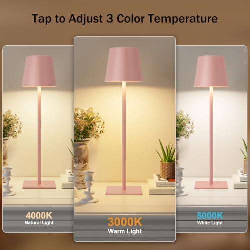 Kakanuo Pink Cordless Rechargeable Table Lamp, 2 Pack Portable Desk Lamp with 5000mAh Battery, Touch Control Stepless Dimming, Wireless Night Light for Dining, Outdoor Camping - Image 2