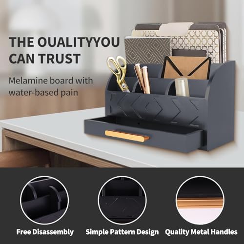 Wooden Desk Organizer Mail Organizer Countertop, Desktop Organizer Mail Sorter Mail Holder Bill Organizer for Desk, Desk Organizers and Accessories for Women (Black) - Image 2