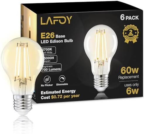 A19 Soft White Edison Bulbs, Dimmable E26 LED 60 Watt Equivalent 6 Pack by Lafoy
