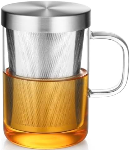 16.9 oz Borosilicate Glass Tea Mug with Stainless Steel Infuser & Lid –A 500mL heat-resistant glass teacup designed for brewing loose-leaf tea. Durable, elegant, and perfect for easy use by Unknown