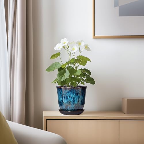5.6 Inch Plant Pot - Ceramic Pots for Plants with Drainage Hole and Saucer, Round Succulent Flower Orchid Pot for Indoor Outdoor, Modern Planter, Home Room Decor, Gift for Plant Lover, Blue - Image 6