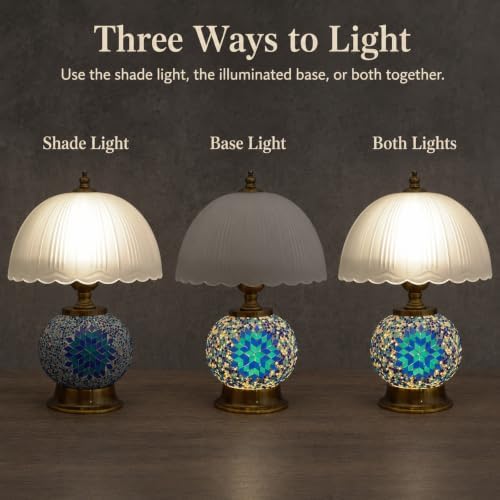 Boho Blue Mosaic Small Table Lamp with White Glass Shade - Image 5