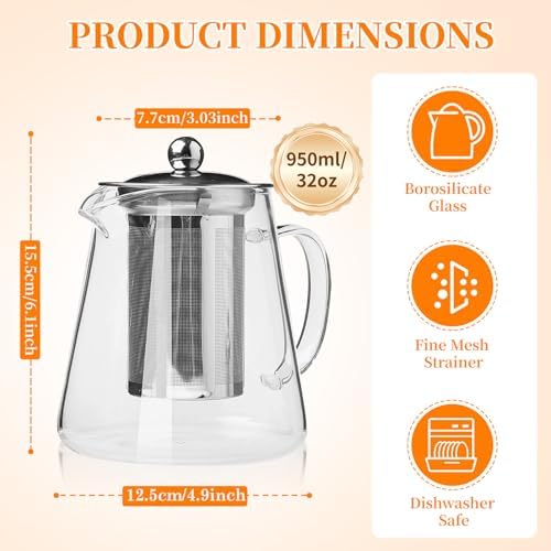 Glass Teapot with Stainless Steel Infuser, Borosilicate Tea Kettle, Clear Tea Maker for Loose Leaf Tea (950ML) - Image 2