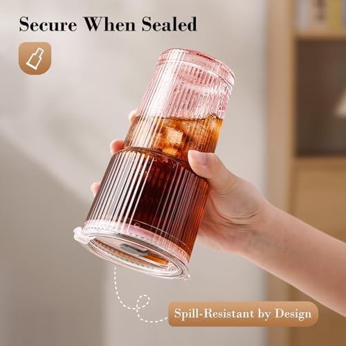 20oz Iced Coffee Cups with Lids, Ribbed Glass Cups with Lids and Straws - Image 2