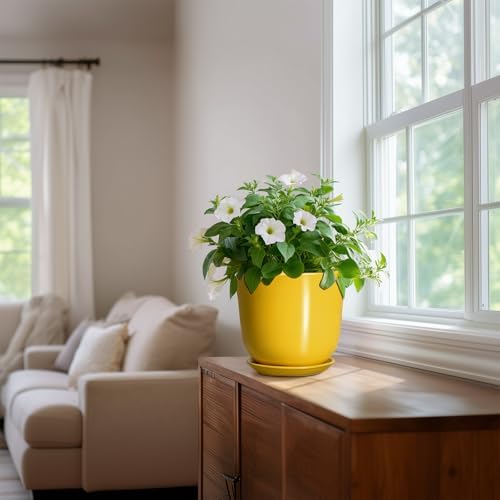 Ceramic Pots for Plants - 8 Inch Plant Pot for Indoor Outdoor, Round Planter with Drainage Hole and Tray, Decorative Flower Pot, Modern Planter, Home Patio Decor, House Warming Gift, Yellow - Image 6