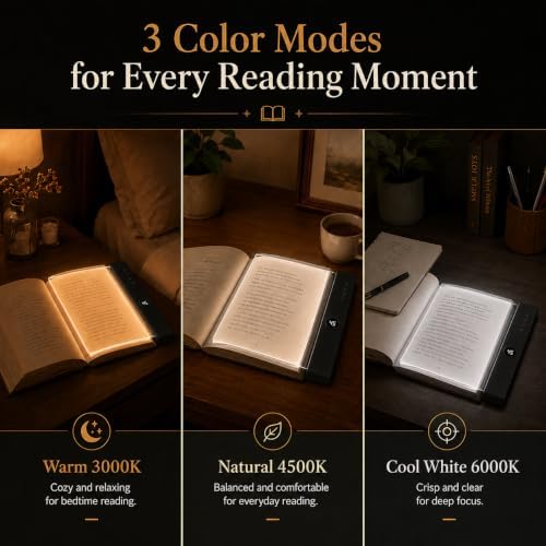 Book Light, Rechargeable Clear LED Flat Book Lights for Reading in Bed at Night with 3 Colors & Timer, Portable Bookmark Light, Bookish Gifts for Women Readers Kids Book Lovers(1, Black) - Image 7