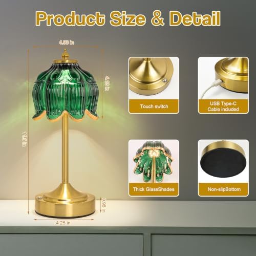 Cordless Table Lamp, Rechargeable Dark Green Glass Lotus Flower Lamp - Image 7