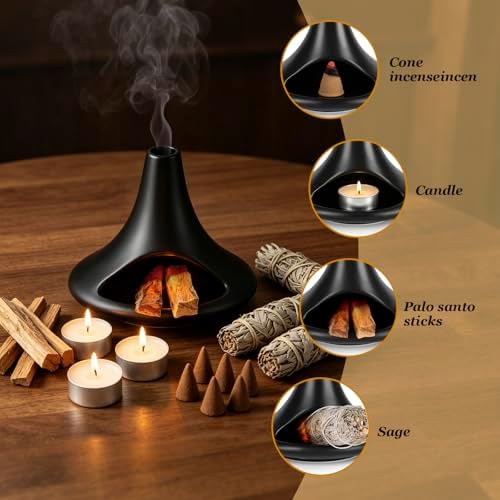 Ceramic Palo Santo Holder Matte Black, Chiminea Shape Mini Smudge Bowl Burner with Ash Catcher for Incense Cones & Candles, Palo Santo Sticks, for Meditation, Yoga, Cleansing Ceremony, Handmade - Image 4
