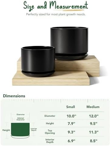 LE TAUCI Ceramic Pots for Plants, Set of 2, 10 + 12 Inch Plant Pot with Drainage Hole and Saucer, Durable & Stylish Planters for Indoor Plants, Elevate Your Home’s Aesthetic, Black - Image 4