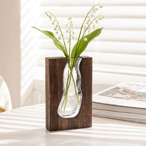 Wood and Glass Inlay Vases Farmhouse Wooden Glass Flower Vase Solid Wood Glass Vase Home Decor Vases for Centerpiece (9.44 Inches) by LITIVY