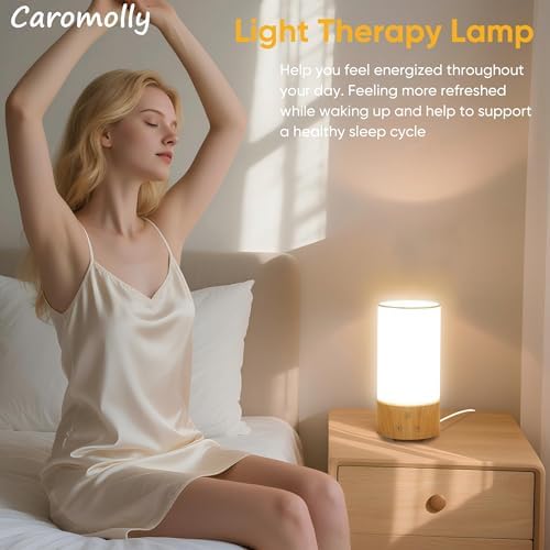 Caromolly Light Therapy Lamp, Happy Lamp 10,000 LUX UV Free with 3 Color Temperature & 5 Brightness Level, Full Spectrum Light Wood Base Round Flaxen Fabric Shade for Home, Office, White Linen - Image 2