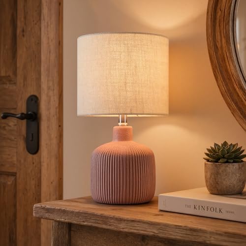 Ceramic Table Lamp, 17.75" Rustic Farmhouse Bedside Lamp with Beige Linen Shade, Warm Ambient Nightstand Lighting for Bedroom or Living Room, Painted Terra by KAWOTI