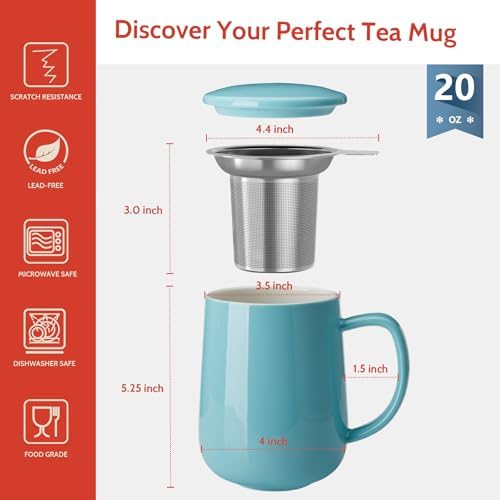 Sweese 20 OZ Porcelain Tea Mug with Infuser and Lid, Loose Leaf Tea Cup, Gifts for Tea Lover - Turquoise - Image 2
