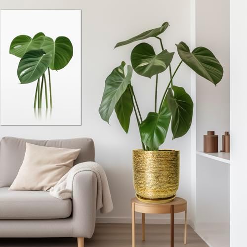 Ceramic Pots for Plants 12 Inch - Ceramic Planter for Indoor Outdoor Flowers, Cylinder Modern Flower Pot with Drainage Hole and Saucer, Patio Home Decor, Gifts for Plants Lovers, Gold - Image 5