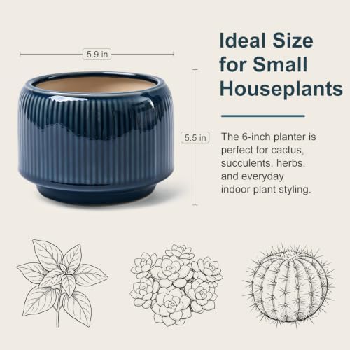 6 Inch Ceramic Plant Pots Set of 2 with Drainage Hole for Indoor Plants - Image 3