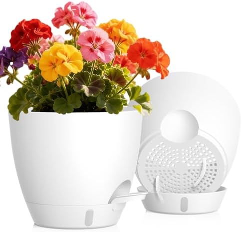 Self Watering Pots with Drainage Holes, 2 Pack 8 Inch Plant Pots with Water Level Indicator Deep Reservoir, Large Plastic Planter for Indoor Outdoor Plants - White by KUGAZ