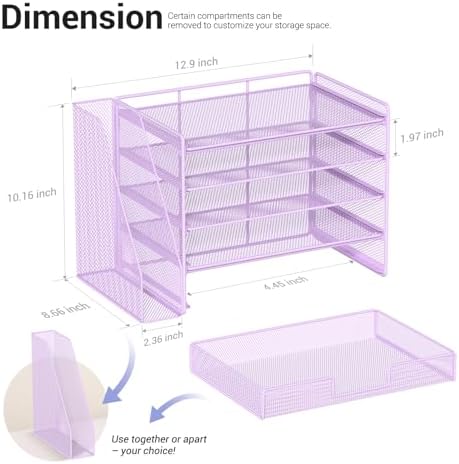 OPNICE Desk Organizer, 5-Tier Desktop File Organizer with Drawer and Pen Holders, Office Desk Accessories, File Sorters, Workspace Organizers for Office Supplies(Purple) - Image 3