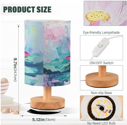 Art Painting Lotus Flowers and Leafs Bedside Table Lamps with USB Port for Bedroom Lamp Table Lamp Small Nightstand Lamp Linen Shade Wooden Base Decorative Lamps for Home Dorm Office Living Room - Image 4