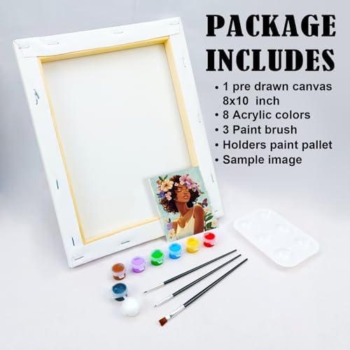 VOCHIC Pre Drawn Canvas for Painting for Adults Paint and Sip Kit Painting Party Supplies 8 Acrylic Colors,3 Brushes,1 Palette Art Set (Floral Lady, 8x10 in) - Image 5