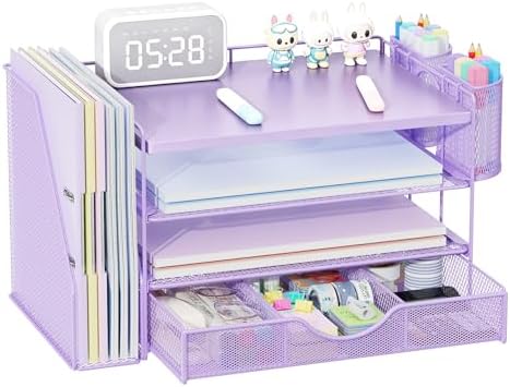 gianotter Wood Desk Organizers and Accessories with File Holder, 4-Tier Desk Accessories & Workspace Organizers with Drawer and 2 Pen Holder, Desk Reference Organizer (Purple, 4T with Metal Drawer) by gianotter