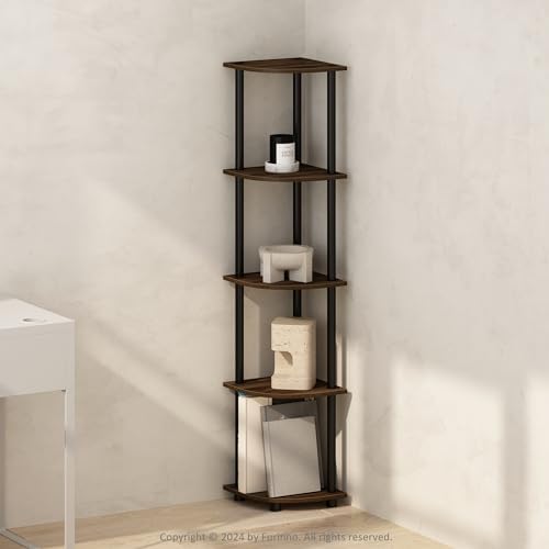 Furinno TURN-N-TUBE Corner Shelf, 5-Tier Corner Bookshelf, Open Storage Shelves, for Organization and Storage, Living Room, Home Office, Garage, Bedroom, Columbia Walnut - Image 2