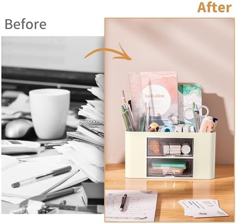 Marbrasse Pen Organizer with 2 Drawer, Multi-Functional Pencil Holder for Desk, Desk Organizers and Accessories with 5 Compartments + Drawer for Office Art Supplies (Beige) - Image 7