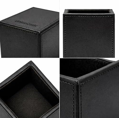 UnionBasic Square Pen Holder, Leather Pencil Cup, Desktop Caddy Stationery Organizer, Black - Image 3