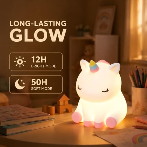 Rytinazzz Unicorn Night Light for Kids, Rechargeable Silicone Unicorn Lamp with Tap Control, 30-Min Auto-Off Timer, Soft Dimmable Nursery Bedside Light, Gifts for Girls - Image 2
