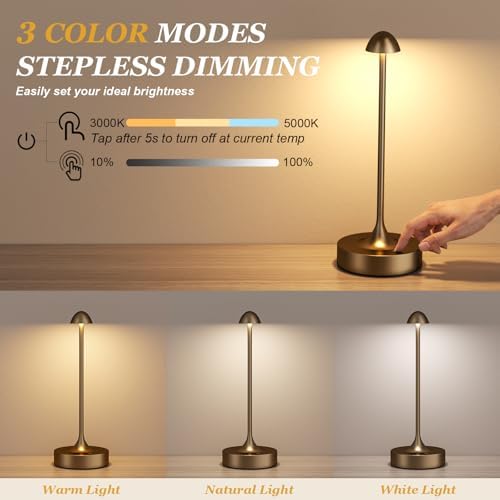 Kakanuo Rechargeable Cordless Table Lamp, Battery Operated Lamps, 3-Color Stepless Dimming, Portable Wireless Desk Lamp, LED Lighting for Dining Room, Restaurant, Office, Bar, Home(Brown 2 Pack) - Image 4