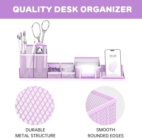 Pen Holder for Desk, 6-Piece Mesh Desk Organizer with Phone Holder, Purple - Image 4