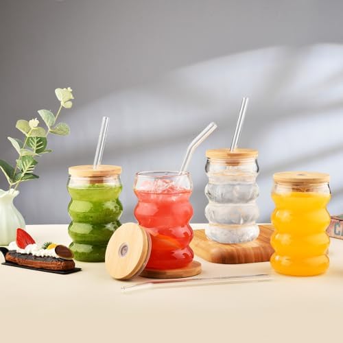 ALINK 16 oz Drinking Glasses with Lids and Straws Set of 4, 16 oz Wave Shape Bubble Glass Cups, Iced Coffee Glasses for Beer, Cocktail, Water Cups with Brush - Image 3