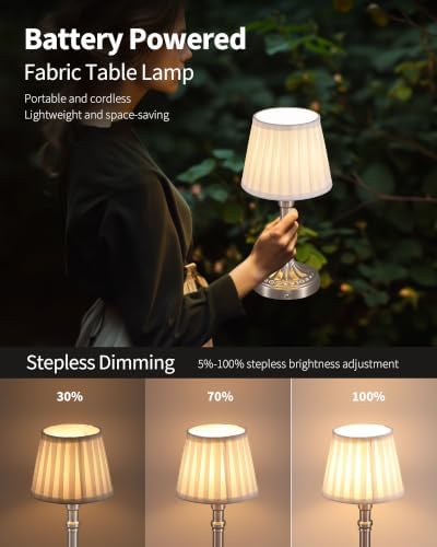 KDG Nickel Cordless Table Lamps Set of 2, Beige Fabric Shade Desk Lamp - Image 4