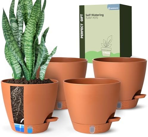 8 Inch Self Watering Pots for Indoor Plants, Plastic Planters with Deep Reservoir & Drainage Holes, Flower Pots for Monstera, Snake Plant & Peace Lily, Worry-Free Vacation Care (Terra Cotta, 8 inch) by GOPROAUTO