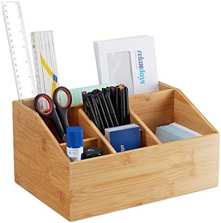Relaxdays Bamboo Organizer, 6 Compartments, with Pen Holder, A5 Letter Rack, Office Tidy, HWD 14x28x19.5 cm, Natural by Relaxdays