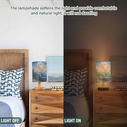 Beautiful Wildflowers Full Moon Bedside Table Lamps with USB Port for Bedroom Lamp Table Lamp Small Nightstand Lamp Sturdy Linen Shade Wooden Base Decorative Lamps for Home Dorm Office Living Room - Image 3
