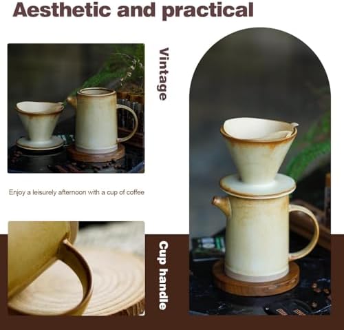 DIF DECO Pour Over Coffee Maker Set Vintage Ceramic Pour Over Coffee Dripper Set with 20 Count Paper Coffee Filters,for Home Café Restaurant Camping,15.8 Ounces(Yellow) - Image 2