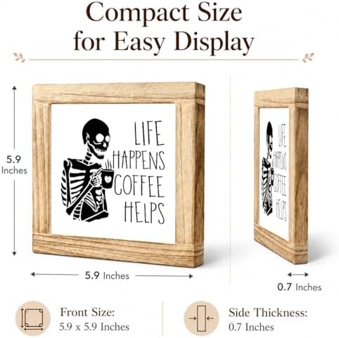 Funny Coffee Skeleton Sign, Life Happens Coffee Helps Wood Plaque, Halloween Kitchen Counter Decor, Gothic Coffees Bar Shelf Accent For Office Desk Cafe Corner, 5.9 x 5.9 in - Image 2