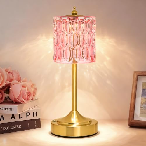 Cordless Table Lamp, 5200mAh Rechargeable Pink Glass Touch Lamp by FFVU