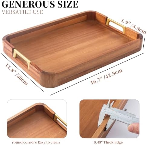 GinSent Wooden Serving Tray with Handles,Wooden Trays for Kitchen Counter Decorative Trays Wood Tray Coffee Table Tray for Living Room House Decor 16.7-INCH with 1.2cm Thickness Wood - Image 6