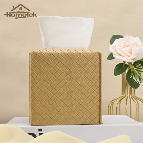 HOMOTEK 2 Pack Tissue Box Cover, Square PU Leather Tissue Holder, Decorative Facial Tissue Cube Paper Organizer Dispenser for Bathroom, Night Stands, Desk, Car 5X5X5'' - Woven Waffle,Camel - Image 5