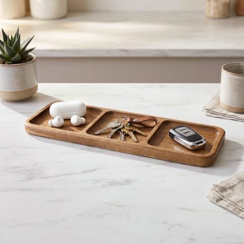 Small Wooden Tray | Acacia Wood Tray for Vanity, Bathroom Counter, Coffee Table & Toilet | Perfect for Jewelry, Key & Catch All | Mini Charcuterie Board Serving Platter (Rectangular 3-Compartment) - Image 7