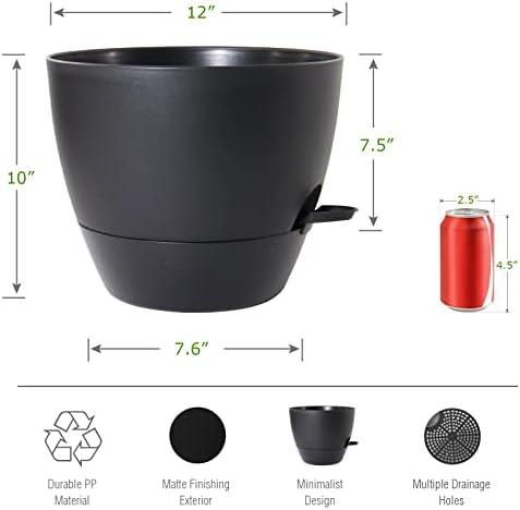 UOUZ 12inch 2Pack Large Self Watering Planters, Plastic Plant Pots with 60oZ Removable Deep Reservoir and Multi Mesh Drainage Holes for Indoor Outdoor Garden Plants and Flowers, Black - Image 2