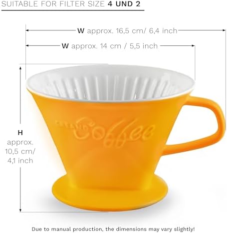 Creano Porcelain Coffee Dripper Saffron Yellow - Ceramic Cone Brewer - Pour Over Coffee Maker for Filter Bags Size 4 - Easy Manual Brew for pure taste - also for Camping, Hiking - Image 2