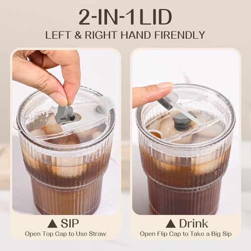 13oz Iced Coffee Cups,4Pcs Glass Cups with Lids and Straws Drinking Glasses,Clear Ribbed Glassware,Reusable Tumbler Glass to Go Cup for Matcha, Iced Tea,Juice - Image 4