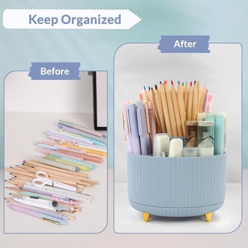 SKYDUE 360 Degree Rotating Desk Organizer, Dual-Purpose Pencil Pen Holder, Rotating Desk Pen Organizer with 5 Slots, Pencil Cup for Office, School, Home (Airy Blue) - Image 3