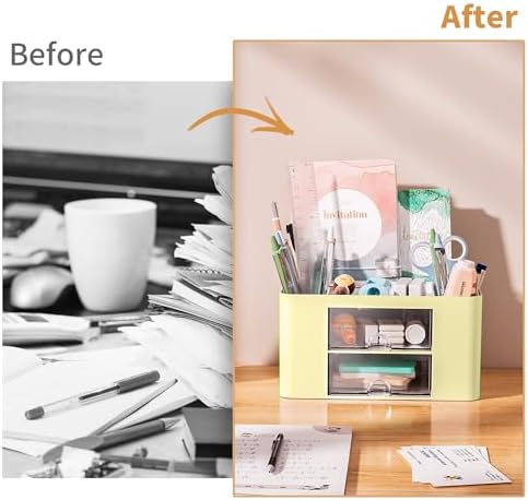 Marbrasse Pen Organizer with 2 Drawer, Multi-Functional Pencil Holder for Desk, Desk Organizers and Accessories with 5 Compartments + Drawer for Office Art Supplies (Yellow) - Image 6