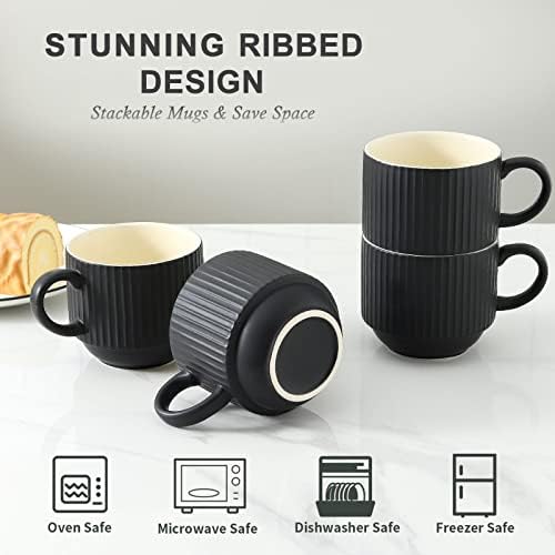 HASENSE Coffee Mug Ceramic Set of 4 with Stand, Stackable Large Latte Cups with Metal Stand, Dishwasher & Microwave Safe, Black for Cappuccino Tea Hot Cocoa - Image 4