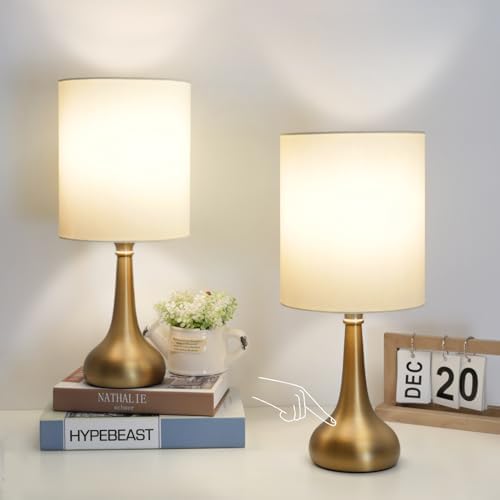 Set of 2 Bedside Touch Lamps, 16 Inch Dimmable Small Nightstand Lamp, Night Light Lamp Simple Touch Table Lamp with Brass Metal Base for Living Room Bedroom Office, A19 3000K Led Bulb Included by Boncoo