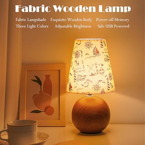 Vintage Wooden Night Lamp, Wood Base Fabric Lampshade, Adjustable Light Color and Brightness with Power-Off Memory, Safe USB Powered, Retro LED Table Light for Bedroom Living Room Office (Voyage) - Image 2