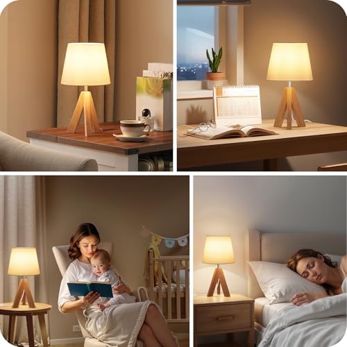 Wood Bedside Lamps Set of 2, Small Tripod Table Lamp, Modern Nightstand Lamp with Fabric Shade, Boho Bedside Wood Desk Lamp for Bedroom, Kids Room, Living Room, Study, White W51TLP205 - Image 5